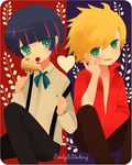  2boys ayu_(mog) blonde_hair blush brothers cake eating english food fruit genderswap green_eyes heart multicolored_hair multiple_boys nail_polish open_clothes open_mouth open_shirt panty_&amp;_stocking_with_garterbelt panty_(character) panty_(psg) pink_hair pixiv_thumbnail purple_hair resized shirt short_hair siblings sitting stocking_(character) stocking_(psg) strawberry young younger 