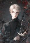  1boy absurdres black_jacket black_shirt blonde_hair blue_eyes chinese_commentary closed_mouth commentary_request crossed_arms draco_malfoy flower grey_background harry_potter_(series) highres holding holding_wand jacket jewelry lapels li_guai_su light_particles light_smile lofter_username long_sleeves looking_at_viewer male_focus notched_lapels open_clothes open_jacket origami pale_skin paper_crane parted_bangs realistic red_flower red_lips red_rose ring rose shirt short_hair side_part sidelighting simple_background snake snake_wrapped_around_body solo turtleneck upper_body wand weibo_username wizarding_world 