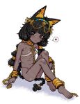  1girl animal_ears anklet bangle bare_shoulders barefoot black_eyes black_hair blush bracelet breasts brown_egyptian_cat-eared_loli_(trend) chain closed_mouth commentary_request dark-skinned_female dark_skin expressionless full_body gold_chain gold_collar heart highres jewelry knees_up long_hair looking_at_viewer low_twintails navel okome_taberu original revealing_clothes simple_background sitting sling_bikini_top small_breasts solo spoken_heart twintails very_long_hair white_background yellow_pupils 
