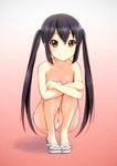  1girl black_hair breasts brown_eyes commentary_request high_heels highres k-on! koumo long_hair nakano_azusa panties photoshop_(medium) sandals shoes side-tie_panties sidelocks small_breasts smile solo squatting tiptoes topless twintails underwear 