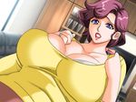  bow bra breasts couch dutch_angle female gaden gigantic_breasts hands_up indoors jewelry large_breasts lipstick makeup mature milf purple_eyes purple_hair ring short_hair solo television underwear window 