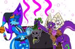  absurd_res bell blue_body blue_hair bone bottomwear cauldron claws clothed clothing duo female female/female fuzzycogs gem green_eyes green_sclera hair hat headgear headwear hi_res horn kobold leather leather_clothing loincloth purple purpur_(fuzzycogs) runes sack scalie severed_body_part severed_head skimpy sodal_(fuzzycogs) spiral spiral_eyes tongue tongue_out witch_hat 