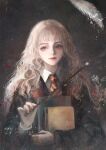  1girl absurdres black_robe blunt_bangs book brown_eyes brown_hair chinese_commentary closed_mouth collared_shirt curly_hair diagonal-striped_clothes diagonal-striped_necktie feathers floating floating_hair grey_background gryffindor harry_potter_(series) head_tilt hermione_granger highres hogwarts_school_uniform holding holding_book holding_wand inkwell levitation li_guai_su light_particles lofter_username long_hair long_sleeves looking_at_viewer magic motion_blur necktie realistic red_lips red_necktie robe school_uniform shirt simple_background smile solo striped_clothes striped_necktie two-tone_necktie upper_body wand weibo_username white_shirt wing_collar wizarding_world yellow_necktie 