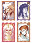  2boys 2girls blue_eyes blunt_bangs character_name commentary donquixote_doflamingo earrings facial_hair goatee hair_behind_ear hat highres jewelry kithwith_(kith_0121) long_hair looking_at_viewer medium_hair multiple_boys multiple_girls nami_(one_piece) nico_robin one_piece orange_eyes orange_hair postage_stamp rob_lucci short_hair smile sunglasses tongue tongue_out 