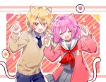  1boy 1girl :d ^_^ abstract_background animal_ears black_necktie blonde_hair blue_pants blush cardigan cat_ears cat_tail chinese_commentary claw_pose closed_eyes commentary_request drawn_ears drawn_tail drawn_whiskers grey_serafuku grey_shirt grey_skirt heart highres kamiyama_high_school_uniform_(project_sekai) long_sleeves medium_hair miyamasuzaka_girls'_academy_school_uniform nanzeaizi neckerchief necktie ootori_emu open_cardigan open_clothes open_mouth orange_hair outline pants pink_hair pleated_skirt project_sekai red_cardigan red_neckerchief sailor_collar sailor_shirt school_uniform serafuku shirt short_hair skirt smile smiley_face sparkle speech_bubble spoken_heart spoken_sun tail tenma_tsukasa tsurime w_arms white_outline white_sailor_collar white_shirt wing_collar yellow_cardigan 