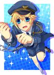  blonde_hair blue_eyes boy chains cuff cuffs fang hat male male_focus uniform 