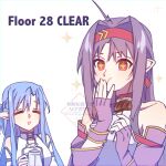  2girls :d absurdres ahoge asuna_(sao) asuna_(sao-alo) bare_shoulders blue_dress blue_hair blue_sleeves braid breasts chest_guard closed_eyes collarbone commentary_request covering_own_mouth cup detached_sleeves dress eating english_text facing_another fingerless_gloves food gloves grey_armor hairband half_up_braid hand_up hands_up highres holding holding_cup holding_food holding_skewer leotard lightning_ahoge long_hair long_sidelocks long_sleeves mug multiple_girls neosight pointy_ears purple_gloves purple_hair purple_leotard purple_sleeves red_eyes red_hairband red_trim sidelocks simple_background skewer small_breasts smile sparkle sparkling_eyes straight_hair sword_art_online turtleneck turtleneck_leotard two-tone_dress two-tone_sleeves upper_body upright_ahoge v-shaped_eyebrows white_background white_dress white_sleeves yuuki_(sao) 