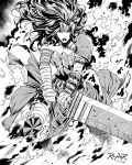  1girl absolute_dc absolute_wonder_woman amazon_warrior arm_wrap dc_comics highres holding holding_sword holding_weapon lifting_object long_hair maxraynorart monochrome solo superhero_costume sword tattoo tattoo_sleeve weapon wonder_woman_(absolute_dc) wonder_woman_(series) 