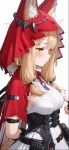  1girl ai-generated animal_ears arknights black_corset blonde_hair blush breasts buckle cloak corset finger_on_nipple fox_ears fox_girl fox_tail from_side hair_ornament highres hood hood_up jewelry long_hair looking_at_viewer low-tied_long_hair necklace nipple_outline poking poking_another's_breast red_cloak rin_ai rossi_(arknights) self-portrait shirt sideboob simple_background tail tooth_necklace upper_body white_background yellow_eyes 