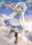  blue_eyes boots bow braid bunchou_(bunchou3103) cross-laced_footwear hair_bow highres izayoi_sakuya knife lace-up_boots light_smile maid maid_headdress perfect_cherry_blossom scarf short_hair silver_hair solo touhou twin_braids 