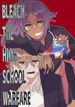  1boy 1girl absurdres artist_name bleach blonde_hair commentary_request dark-skinned_female dark_skin highres noiiiiiie ponytail purple_hair school_uniform shihouin_yoruichi signature twitter_username urahara_kisuke yellow_eyes 