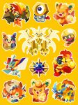  absurdres aqua_eyes armarouge claws closed_eyes closed_mouth commentary cosmoem dot_nose dragon dragon_wings fire flaming_eye green_eyes highres kartana lycanroc lycanroc_(dusk) meltan morpeko multiple_wings necrozma necrozma_(ultra) nut_(hardware) one-eyed open_mouth outline pawmo pawmot pokemon pokemon_(creature) pokemon_focus red_eyes shichi_(7cube_ori) simple_background smile tadbulb tapu_koko u_u white_outline wings yellow_background yellow_pupils yellow_theme zeraora 