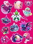  absurdres chibi chibi_only closed_mouth commentary enamorus enamorus_(incarnate) flamigo full_body great_tusk greavard highres impidimp iron_jugulis iron_valiant morgrem open_mouth outline pink_background pink_eyes pokemon pokemon_(creature) pokemon_focus polteageist scream_tail shichi_(7cube_ori) simple_background smile veluza vivillon vivillon_(meadow) white_outline yellow_eyes 