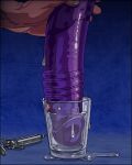  1boy black_border blue_background border commentary_request cup dildo dripping holding holding_sex_toy hoshi_kubi invisible_floor jaggy_lines lowres object_focus original out_of_frame partial_commentary puddle sex_toy sexually_suggestive solo suidousui-san_(sas-o) syringe veins veiny_arms water what 