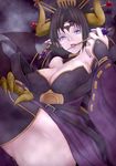  bat belt black_hair blue_eyes breasts claws cleavage covered_nipples demon_girl demon_wings digimon digimon_xros_wars earrings eyeshadow gauntlets hair_ornament hairpin horns japanese_clothes jewelry kannagi_kaname large_breasts licking lilithmon lipstick makeup mole mole_under_eye pointy_ears solo thighhighs thighs tongue wings 