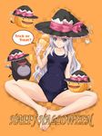  barefoot butterfly_sitting feet food grin halloween happy_halloween hat highres ice_cream jack-o'-lantern long_hair melty_(shining_hearts) one-piece_swimsuit orange_background pointy_ears pumpkin purple_eyes school_swimsuit shining_(series) shining_hearts silver_hair sitting smile solo sorbe_(shining_hearts) spread_legs swimsuit witch_hat yoshimura_kentaro 