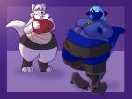  2022 3_toes absolute_territory anthro arcadia_(doughieglowie) belly big_belly black_bottomwear black_clothing black_skirt blorp blue_body blue_clothing blue_ears blue_fur blue_hair blue_jacket blue_tail blue_topwear blueberry_inflation bodily_noises boots border bottomwear broken_skateboard canid chewing_gum clothing colored dipstick_tail duo extended_sound_effect eye_through_hair eyebrow_through_hair eyebrows feet female female_anthro fluffy footwear fur groan hair hi_res huge_thighs inflation jacket keahi_(doughieglowie) knee_boots knee_highs legwear looking_at_another mammal mane markings obese obese_anthro obese_female overweight overweight_anthro overweight_female pencil_skirt purple_background purple_border red_clothing red_shirt red_tank_top red_topwear red_wristband shaded shirt shoes simple_background skirt sound_effect_variant sound_effects strawberrymilkdog tail tail_markings tank_top thick_tail thick_thighs tied_hair toeless_footwear toes topwear translucent translucent_hair white_body white_ears white_fur white_hair white_mane white_tail wide_eyed 