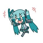  &gt;_&lt; :d aqua_hair chibi chibi_miku closed_eyes detached_sleeves hatsune_miku long_hair minami_(colorful_palette) necktie open_mouth smile solo spring_onion thighhighs twintails vocaloid xd 