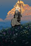  1girl 1other absurdres ambiguous_gender anatomy apron black_dress blood_vessels blue_sky chair commentary_request crinoids dress flower gradient_sky halo heart_(organ) highres long_dress long_sleeves maid maid_headdress meadow on_chair original outdoors pink_flower see-through_body sitting sky twilight variant_set white_apron white_flower white_halo yellow_flower 