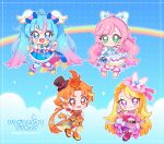  1boy 3girls :d ahoge ankle_boots antenna_hair arm_at_side arm_bow artist_name ascot asuinui asymmetrical_bangs bare_shoulders belt black_belt black_hat blonde_hair blonde_streaks blue_background blue_boots blue_cape blue_dress blue_eyes blue_hair blue_theme blush_stickers boots border bow braid braided_bangs bridal_gauntlets brooch butterfly_earrings butterfly_hat_ornament cape capelet chibi chibi_only clenched_hands closed_mouth cloud_background coattails colored_petticoat commentary copyright_name crop_top crossed_legs cupping_hand cure_butterfly cure_prism cure_sky cure_wing cut_bangs detached_sleeves diagonal_bangs dot_nose dotted_line dress dress_bow earclip earrings elbow_gloves english_commentary english_text fighting_stance fingerless_gloves fingernails fringe-trimmed_cape fringe_trim full_body gloves gradient_background gradient_hair green_eyes grin hair_between_eyes hair_bow hair_ornament half_up_braid halter_dress halterneck hands_up hat hat_ornament heart heart_ahoge heart_hair_ornament hijiri_ageha hirogaru_sky!_precure jacket jewelry knees_together_feet_apart leg_ribbon leg_up legs_apart long_hair looking_at_viewer low_ponytail magical_boy magical_girl microskirt midriff mini_hat mini_top_hat mixed-language_commentary mixed-language_text mob_cap multicolored_hair multiple_girls nail_polish navel nijigaoka_mashiro open_clothes open_jacket open_mouth orange_boots orange_capelet orange_eyes orange_gloves orange_hair orange_jacket orange_vest outline outstretched_hand overskirt pantyhose petticoat pink_boots pink_bow pink_bridal_gauntlets pink_hair pink_hat pink_skirt pink_wrist_cuffs ponytail precure puffy_detached_sleeves puffy_short_sleeves puffy_sleeves purple_eyes purple_pantyhose rainbow red_bow red_cape red_ribbon ribbon short_sleeves shorts side_braids sidelocks single_earring single_hair_streak single_sidelock skirt skirt_bow sleeveless sleeveless_dress smile sora_harewataru sphere_earrings spread_fingers streaked_hair swept_bangs tailcoat thigh_ribbon thigh_strap thighhighs top_hat trap twintails two-sided_cape two-sided_fabric two-tone_dress two-tone_hair very_long_hair vest w watermark white_ascot white_boots white_bow white_dress white_gloves white_outline white_thighhighs wing_brooch wing_hair_ornament wrist_cuffs yuunagi_tsubasa zettai_ryouiki 