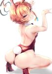  1girl absurdres ahoge animal_ears ass black_halo blue_archive blush bow bowtie braid commentary_request fake_animal_ears halo highres huge_ahoge leotard neru_(blue_archive) neru_(bunny)_(blue_archive) oversized_breast_cup playboy_bunny rabbit_pose red_leotard single_braid strapless strapless_leotard syam_illust tag traditional_bowtie white_background 