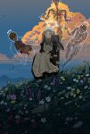  1girl 3others absurdres ambiguous_gender anatomy apron black_dress bladder blood_vessels blue_sky brain chair commentary_request crinoids dress flower gradient_sky halo heart_(organ) highres intestines kidney liver long_dress long_sleeves lungs maid maid_headdress meadow multiple_others on_chair organs original outdoors pink_flower see-through_body sitting skeleton sky solo teeth twilight variant_set white_apron white_flower white_halo yellow_flower 