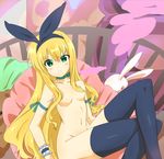  blonde_hair crossed_legs hair_censor isurugi_mio kaze_hiki legs long_hair mm! nude pillow ribbon sitting solo stuffed_animal stuffed_toy thighhighs 