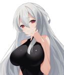  1girl absurdres arknights bangs bare_arms bare_shoulders breasts commentary grey_hair hair_between_eyes hand_up highres large_breasts long_hair looking_at_viewer no_headwear red_eyes simple_background skadi_(arknights) sleeveless solo upper_body very_long_hair white_background worimehl 