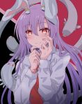  1girl animal_ears black_background closed_mouth guchadoro hair_between_eyes highres long_hair long_sleeves multicolored_background necktie purple_hair rabbit_ears red_background red_eyes red_necktie reisen_udongein_inaba smile snake solo touhou upper_body 
