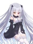  1girl absurdly_long_hair black_dress black_sleeves chloe_lilith_stella demon_girl demon_horns demon_tail detached_sleeves dress grey_hair heterochromia highres horns kiss_kiss_drain long_hair mosou_keito pointy_ears red_eyes sitting solo tail thighhighs two-tone_dress two_side_up very_long_hair white_dress white_thighhighs yellow_eyes zettai_ryouiki 