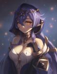  1girl bangs bare_shoulders black_gloves blue_hair blue_hood blurry blurry_background breasts cleavage closed_mouth commentary detached_sleeves english_commentary expressionless genshin_impact gloves hair_between_eyes hand_on_own_chest highres jewelry layla_(genshin_impact) long_hair long_sleeves looking_at_viewer medium_breasts neck_ring pointy_ears puffy_long_sleeves puffy_sleeves ringlets sidelocks solo stormstx upper_body yellow_eyes 
