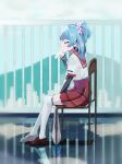  1girl blue_hair brown_footwear chair closed_eyes earrings eating food from_side heart heart_earrings jewelry layered_sleeves loafers long_sleeves magia_record:_mahou_shoujo_madoka_magica_gaiden mahou_shoujo_madoka_magica minami_rena miniskirt on_chair plaid plaid_skirt profile railing red_sailor_collar red_skirt rooftop sailor_collar sandwich school_uniform serafuku shirt shoes short_over_long_sleeves short_sleeves sitting skirt solo thighhighs two_side_up viroa white_shirt white_thighhighs 