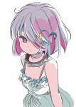 1girl bandaged_neck bandages bare_shoulders collar colored_inner_hair dohna_dohna_issho_ni_warui_koto_o_shiyou dress expressionless eyepatch grey_hair hair_ornament heart heart_hair_ornament highres multicolored_hair nnn-ollll pink_eyes pink_hair porno_(dohna_dohna) short_hair simple_background sketch sleeveless sleeveless_dress solo spiked_collar spikes upper_body white_background white_dress 
