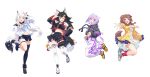  4girls absurdres ahoge animal_ear_fluff animal_ears armpits bangs black_hair blue_eyes blush bone_hair_ornament braid brown_eyes brown_hair cat_ears cat_girl cat_tail detached_sleeves dog_ears dog_girl dog_tail fox_ears fox_girl fox_tail full_body hair_ornament hairclip highres hololive hololive_gamers hood hood_down hoodie inugami_korone japanese_clothes kouhaku_nawa long_hair long_sleeves looking_at_viewer low_twin_braids miniskirt multicolored_hair multiple_girls narumi_nanami navel nekomata_okayu official_art one_eye_closed onigiri_print ookami_mio open_mouth purple_eyes purple_hair red_hair rope sandals shimenawa shirakami_fubuki short_hair side_braid simple_background single_thighhigh skirt smile tail thighhighs thighs twin_braids virtual_youtuber white_hair wolf_ears wolf_girl wolf_tail yellow_eyes yellow_footwear zettai_ryouiki 