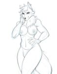  alfie_(alfalfa) anthro breasts canid canine canis claws ear_piercing female fur hi_res looking_at_viewer mammal mikeknight19 monochrome navel neck_tuft nipples nude piercing simple_background smile solo standing teeth thick_thighs tuft white_background wolf 