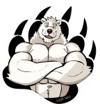  2022 abs absurd_res anthro artist_name barazoku biceps big_muscles black_background claws darknaigart eyebrows front_view fur half-length_portrait hi_res huge_muscles looking_at_viewer male mammal muscular muscular_anthro muscular_male navel nude pawpads pecs polar_bear portrait simple_background smile solo teeth tongue tuft ursid ursine white_background 