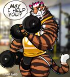  2022 absurd_res anthro artist_name barazoku beard biceps big_bulge big_muscles blurred_background bulge clothed clothing darknaigart dialogue dumbbell english_text exercise eyebrows facial_hair felid fingerless_gloves fur gloves gym hair handwear hi_res huge_muscles inside jockstrap looking_at_viewer male mammal muscular muscular_anthro muscular_male pantherine photo_background shirt smile solo standing talking_to_viewer tank_top text thick_thighs tiger topwear tuft underwear weightlifting weights workout 