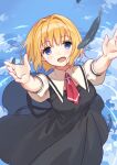  air ascot black_dress blonde_hair blue_eyes blue_sky cloud commentary_request commission cross dress feathers from_above kamio_misuzu mitsuyo_(mituyo324) official_alternate_hairstyle red_ascot reflection ripples school_uniform shirt short_hair sky water yellow_shirt 