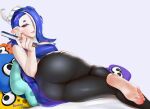  1girl ass barefoot black_leggings blue_hair breasts character_request closed_mouth easonx feet from_behind hand_fan holding holding_fan large_breasts leggings looking_at_viewer lying nintendo octoling on_bed on_side red_eyes shiver_(splatoon) simple_background soles solo splatoon_(series) splatoon_3 tentacle_hair white_background 