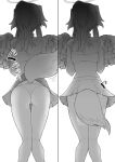  1girl absurdres animal_ears ass back backboob bare_shoulders blue_archive breasts cheerleader dog_ears dog_tail eo_masaka greyscale halo hibiki_(blue_archive) highres long_hair midriff monochrome multiple_views panties pleated_skirt pom_pom_(cheerleading) ponytail skirt tail underwear 