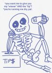  5_fingers animated_skeleton anterior_nasal_aperture balls bone box casual_nudity container english_text erection fingers food genitals hi_res holding_hot_dog hot_dog humor jar looking_at_viewer male monochrome nude pelvis penis pun reclining rib_cage sans_(undertale) simple_background sitting skeleton sketch skull smile smiling_at_viewer solo stickly teeth_visible text tip_jar undead undertale_(series) 