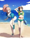  2girls ;q absurdres arm_up bare_legs barefoot beach bikini bikini_shorts black_hair blue_eyes blue_sky blush bow breasts brown_eyes cleavage closed_mouth cloud collarbone day full_body green_bikini green_shorts hair_bow hair_ornament hairclip highres holding holding_water_gun leaning_forward long_hair medium_breasts micro_shorts multiple_girls navel ocean one_eye_closed outdoors pink_hair ponytail rinwell_(tales) shiny shiny_hair shionne_(tales) short_hair shorts sky sports_bikini standing standing_on_one_leg striped striped_bow swimsuit tales_of_(series) tales_of_arise thigh_strap tongue tongue_out tusia very_long_hair water_gun white_bikini wristband 