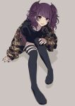  1girl absurdres bangs black_nails black_thighhighs camouflage camouflage_jacket diagonal_bangs grin highres idolmaster idolmaster_shiny_colors jacket looking_at_viewer luvluvvox purple_eyes purple_hair sitting smile solo tanaka_mamimi thighhighs twintails 
