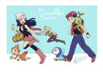  1girl 2boys :d anniversary bag baggy_pants barry_(pokemon) beanie beret black_hair black_shirt black_socks black_vest blonde_hair boots bracelet brown_bag brown_footwear chimchar clenched_hand commentary_request copyright_name dawn_(pokemon) duffel_bag from_side green_scarf hair_ornament hairclip hat jacket jewelry kneehighs long_hair lucas_(pokemon) multiple_boys open_mouth pants pink_footwear pink_skirt piplup poke_ball_print pokemon pokemon_(creature) pokemon_(game) pokemon_dppt poketch red_scarf sagemaru-br scarf shirt shoes short_hair short_sleeves signature skirt sleeveless sleeveless_shirt smile socks starter_pokemon_trio striped striped_jacket tongue turtwig two-tone_footwear vest watch white_headwear white_shirt wristwatch yellow_bag 