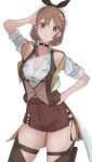  atelier_(series) atelier_ryza atelier_ryza_3 bare_shoulders belt braid breast_pocket breasts brown_belt brown_gloves brown_hair brown_thighhighs choker cleavage clover_hair_ornament collared_shirt crown_braid detached_sleeves gloves hair_ornament hand_on_hip hand_on_own_head hiepita97 highres jacket pocket red_shorts reisalin_stout shirt short_shorts short_sleeves shorts single_glove star_(symbol) star_choker thighhighs white_headwear yellow_jacket 