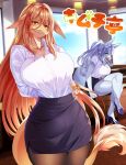  big_breasts blue_body blue_fur bottomwear breasts canid canine cleavage clothed clothing crossed_legs drgon duo female fur mammal ruri_tsubame skirt 