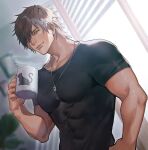  1boy backlighting belmond_banderas black_shirt blinds blurry blurry_background brown_eyes brown_hair closed_mouth commentary_request cup depth_of_field hand_up highres holding holding_cup indoors looking_at_viewer male_focus mug nijisanji pectorals riz3 shirt short_sleeves smile solo star_(symbol) steam sunlight upper_body virtual_youtuber window 