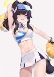  1girl animal_ears armpits bangs bare_arms black_hair blue_archive blue_eyes bracelet breasts cleavage cowboy_shot crop_top dog_ears dog_tail goggles goggles_on_head hair_ornament hibiki_(blue_archive) hibiki_(cheerleader)_(blue_archive) highres jewelry long_hair looking_at_viewer medium_breasts midriff navel open_mouth pom_pom_(clothes) pom_pom_hair_ornament shinetuitta sidelocks simple_background skirt solo standing steam sweat tail white_background white_skirt 