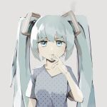  1girl bandaid bandaid_on_hand blue_eyes blue_hair blue_shirt closed_mouth hatsune_miku long_hair looking_at_viewer mouth_hold polka_dot polka_dot_shirt shirt short_sleeves smoking solo twintails viroa vocaloid 