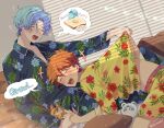  2boys bare_back black_shirt blue_hair bread briefs butter closed_eyes clothes_lift clothes_pull egg flower food hasegawa_langa hawaiian_shirt highres kyan_reki male_focus male_underwear milk multiple_boys open_mouth pants red_hair shirt shirt_lift shirt_pull short_hair sk8_the_infinity smile speech_bubble underwear uppi yaoi yellow_pants yellow_shirt 